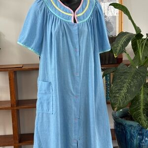 Vintage 80s House Dress XL Blue Cotton Snap Front Cottagecore Prairie Pockets